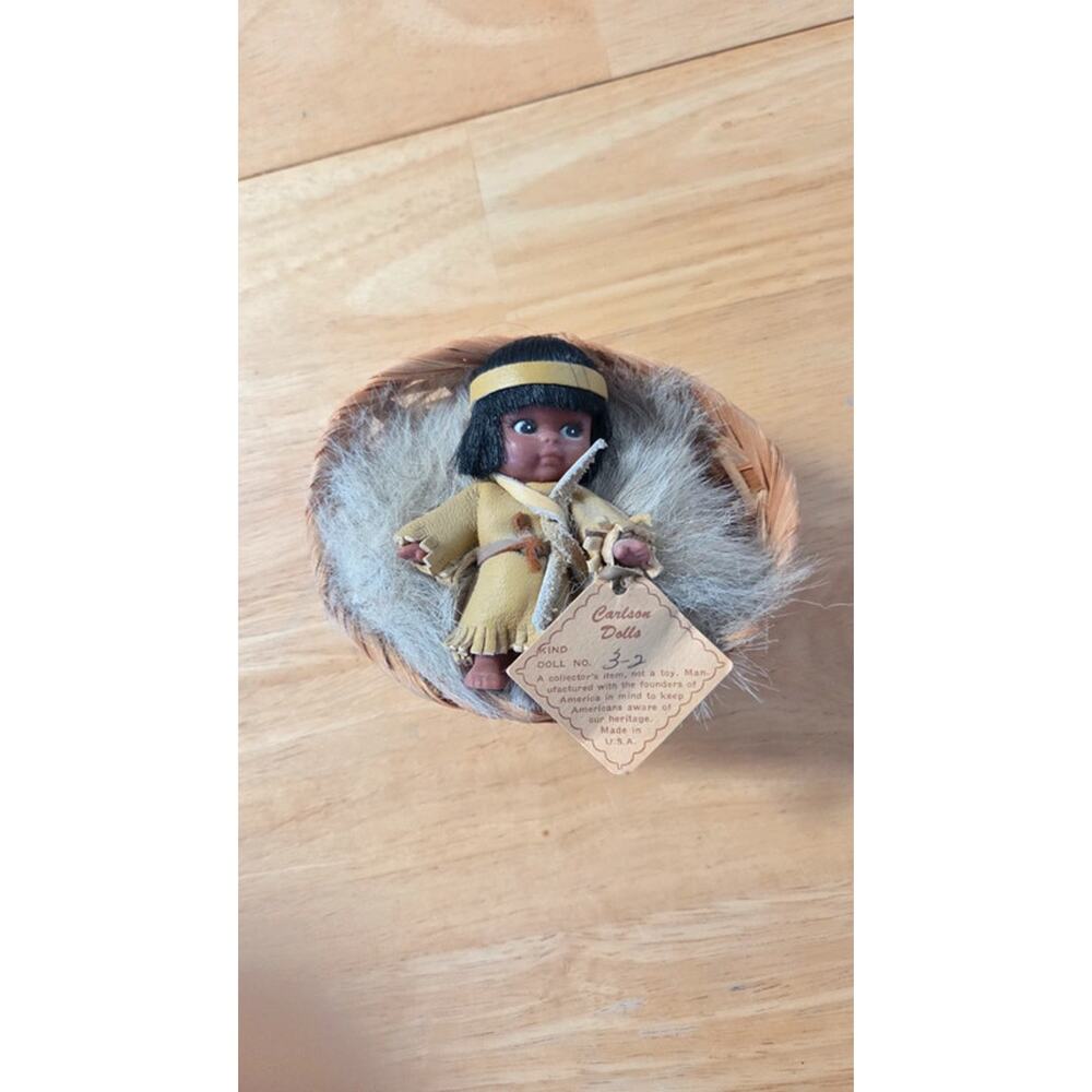 Vintage Carlson Dolls Native American Indian Doll w Basket Fur Tag USA Made